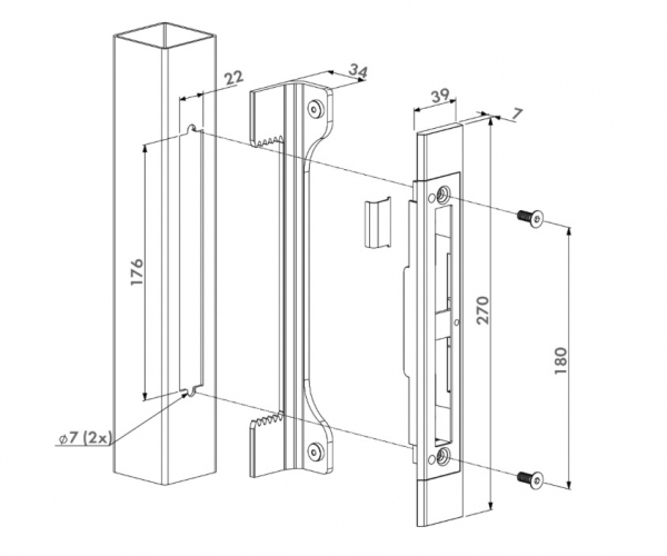 Gâche à encastrer en acier inoxydable, à intégrer dans un tube de largeur 40mm ou 50mm. Système d'installation intégré CLICK-IT. Réversible. Butée réglable en aluminium avec joint d'amortissement en caoutchouc. Compatible avec la serrure référence 19626. 