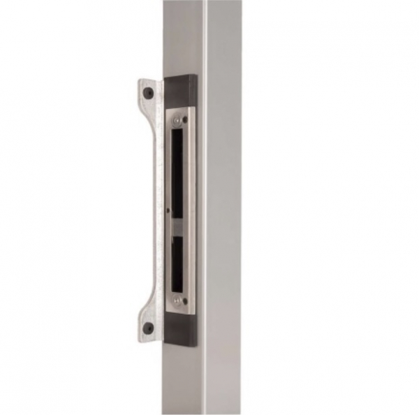Gâche à encastrer en acier inoxydable, à intégrer dans un tube de largeur 40mm ou 50mm. Système d'installation intégré CLICK-IT. Réversible. Butée réglable en aluminium avec joint d'amortissement en caoutchouc. Compatible avec la serrure référence 19626. 
