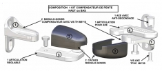 Gond blanc permettant de compenser une pente de 6 à 17%. Peut supporter un poids maximal de 70Kgs par vantail. Trous de fixation de Ø8mm. Jeu de deux pièces pour un vantail. Ce type de gonds n'est pas compatible avec une motorisation. Cache blanc. L'entraxe entre les deux compensateur est à définir en fonction du degré de la pente.