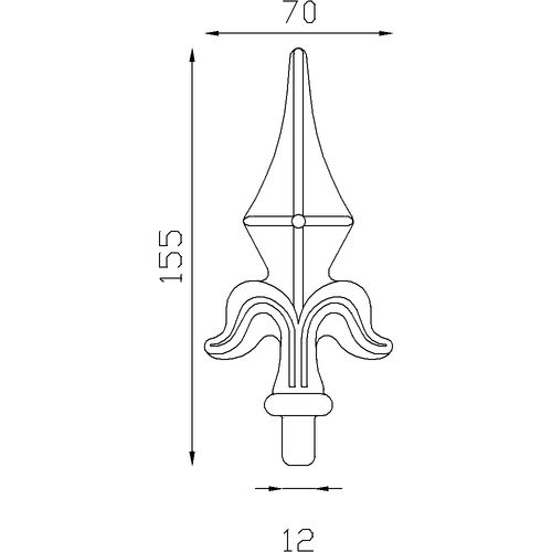 Pointe de lance Alu 155x70 mm - Ø12 mm . Fixation par colle bi composant