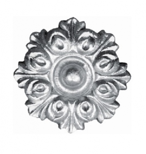 Rosace en aluminium avec motif floral. Diamètre de 55mm. Utilisation pour ornement de votre portail ou portillon, souvent en association avec des palmettes.. Fixation par vis grâce à son taraudage M6. Fournie brute, à peindre ou à vernir avec des produits adaptés. L'aluminium est reconnu pour sa légèreté et sa résistance.