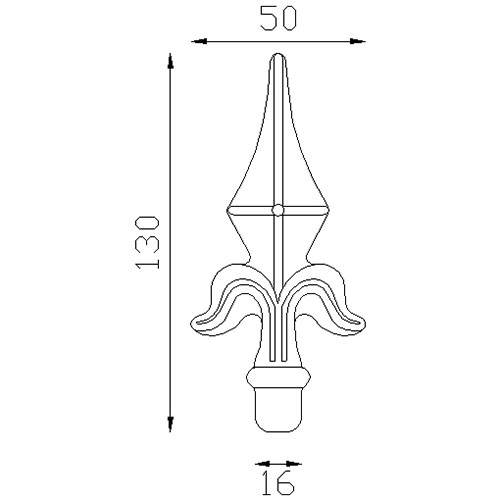 Pointe de lance Alu 130x50 mm - Ø16 mm . Fixation par colle bi composant