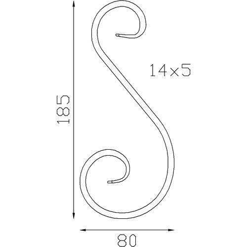 Volute en S Alu185x 80 - Plat 14x5 mm . Finition palmée 