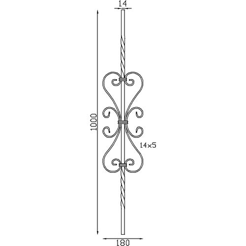 Barreau 4 volutes.alu 1000x180 en fer carré  torsadé de 14 mm et décor volutes en fer plat 14x5 mm 