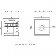 Gond bouchon alu pour tube de 50x50 mm ext - percage 12 mm 