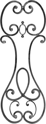 Décor Volutes finition noyaux pour grille, portail ou garde-corps de  810mm de haut par 300mm de large en fer carré de 12 mm 