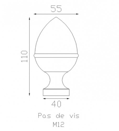Boule de départ de rampe, forme pigne lisse polie et vernie en laiton. Hauteur 110mm Largeur 55mm diamètre de la base Ø40mm. Fixation par vis à l'aide de l'insert M12. Vendue sans la tige filetée.