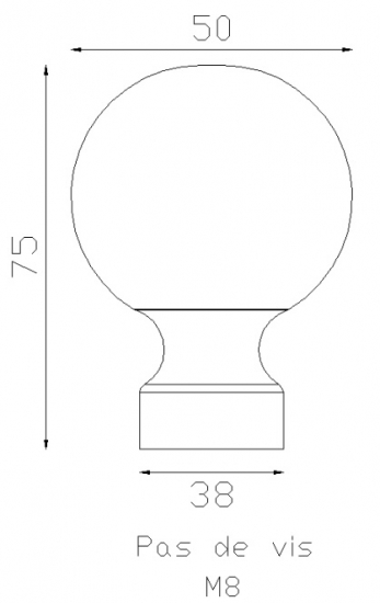 Boule de départ de rampe, lisse polie et vernie en laiton. Hauteur 75mm Largeur 50mm diamètre de la base Ø38mm, fixation par vis à l'aide de l'insert M12. Vendue sans la tige filetée.