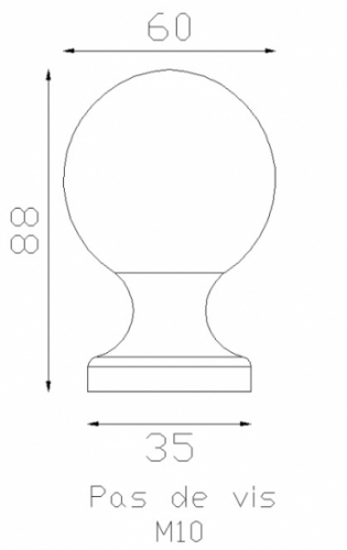 Boule de rampe vernie en laiton d'une hauteur de 88mm et 60mm de diamètre, base de diamètre 35mm. Vendue sans la tige filetée, avec filetage M10.