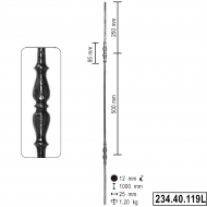 Barreau en fer forgé rond Ø12 H1000 à facettes. Premier décor à 202mm du haut. 405mm de vide entre les deux décors.