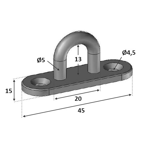 Platine ovale de 45mm de long par 16mm de large avec une boucle de 5mm de diamètre. Intérieur de la boucle (passage disponible) : 13mm. Trous de 4,5mm de diamètre. En inox 304.