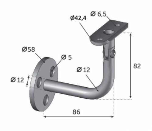 Support mural de main courante ronde, <b>réglable</b> de 90 degrés. Longueur 86mm Hauteur 82mm, platine ronde de diamètre 58mm, compatible avec des tubes de diamètre extérieur de 42,4mm en inox ou en bois. En inox 304. À visser au mur grâce à 3 trous de diamètre 5mm, et à visser à la main courante grâce à 2 trous de diamètre 6,5mm (visserie non fournie). Inclinable dans les 2 sens, s'adapte au rampant de votre escalier,  permet d'être utilisée en intérieur comme en extérieur et même en bord de mer. Existe en version inox 316 ( ref 3012016) et en version fixe (ref 30100).