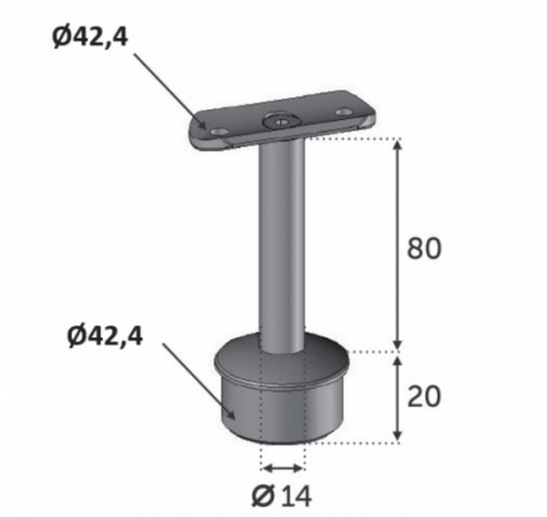 Support de main courante pour un tube d'un diamètre de 42.4mm et d'une épaisseur de 2mm. En inox 316.