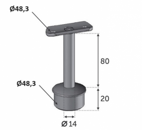 Support de main courante ronde, fixe et droit. Longueur 80mm longueur du manchon 20mm diamètre 48,3mm, compatible avec des tubes de diamètre extérieur de 48,3mm en inox ou en bois. En inox 304. À manchonner dans le tube support, et à visser à la main courante grâce à 2 trous de diamètre 6,5mm (visserie non fournie). Permet d'être utilisée en intérieur comme en extérieur et même en bord de mer. Existe en version réglable (ref 30231).