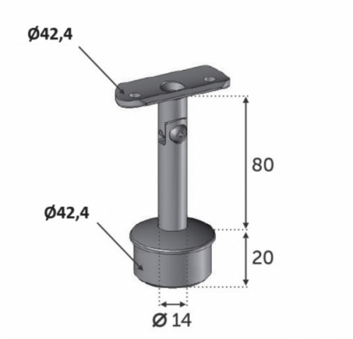 Support de main courante ronde, <b>inclinable pour rampant</b>. Longueur 80mm longueur du manchon 20mm diamètre 42,4mm, compatible avec des tubes de diamètre extérieur de 42,4mm en inox ou en bois. En inox 304. À manchonner dans le tube support, et à visser à la main courante grâce à 2 trous de diamètre 6,5mm (visserie non fournie). Permet d'être utilisée en intérieur comme en extérieur et même en bord de mer. Existe en version inox 316 ( ref 3023016) et en version fixe (ref 30200).