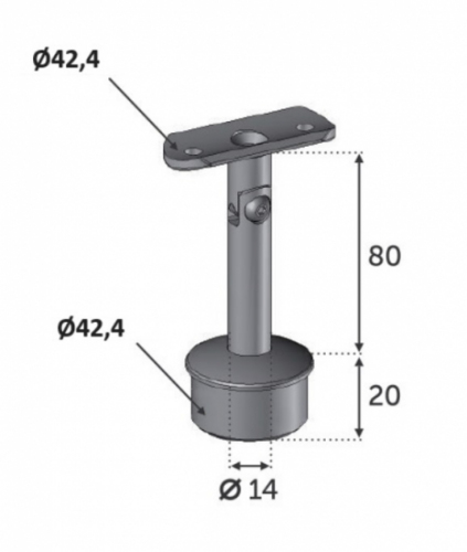 Support de main courante règlable pour un tube d'un diamètre de 42.4mm et d'une épaisseur de 2mm. En inox 316.