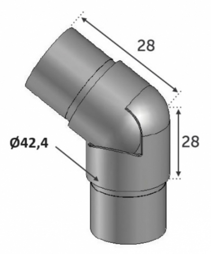 Connecteur réglable à 180 degrés. Ouverture de 135 degrés sans vis pour un tube d'un diamètre de 42.4mm et d'une épaisseur de 2mm. En inox 316.