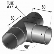 Connecteur en T pour trois tubes de diamètre 48,3mm. Épaisseur de 2mm. En inox 304.
