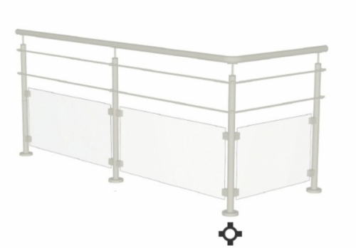 Poteau carré d'angle, en inox 316. Hauteur 970mm Largeur 40mm avec 4 trous taraudés en M6 ainsi que 4 trous taraudés en M8. Ce poteau convient pour une pause mixte à la fois câble ou rond plein et verres. Platine de fixation soudée Ø100mm epaisseur 8mm pré percée de 4 trous.