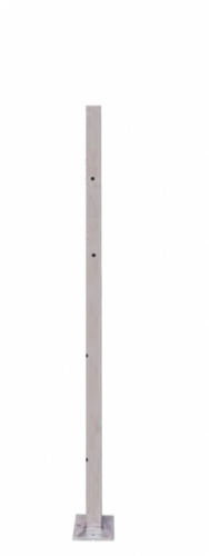 Poteau carré d'angle, en inox 316. Hauteur 970mm Largeur 40mm avec 4 trous taraudés en M6 ainsi que 4 trous taraudés en M8. Ce poteau convient pour une pause mixte à la fois câble ou rond plein et verres. Platine de fixation soudée Ø100mm epaisseur 8mm pré percée de 4 trous.