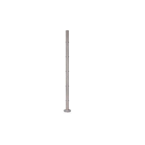 Poteau intermédiaire d'un diamètre 42,4mm en inox 316 d'une hauteur de 970mm. 4 trous taraudés M8 pour adapter 2 pinces à verre de chaque côté. Platine de fixation Ø100mm ep 15 - 4 trous Ø10,5mm 