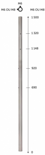 Poteau <b>intermédiaire</b> pour une <b>fixation à l'anglaise et un montage traversant</b> pour câble de diamètre Ø4mm, en inox 316. Hauteur 1500mm Diamètre Ø42,4mm, percé de 5 trous en taraudage M6. Convient pour une utilisation en intérieur ou en extérieur, même en bord de mer. À compléter avec un support de fixation à l'anglaise et un support de main courante. Existe en version carré de 40mm.