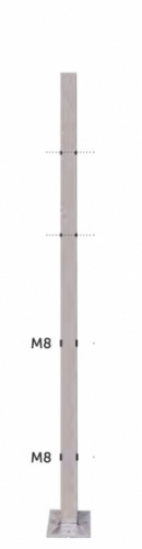 Poteau carré intermédiaire pour montage traversant, en inox 316. Hauteur 970mm Largeur 40mm avec des trous traversants d'un diamètre de 6mm pour des câble d'un diamètre de 4mm et sur la partie inférieure des trous traversant en M8 pour les pinces à verre. Platine de fixation soudée Ø100mm épaisseur 8mm pré percée de 4 trous.