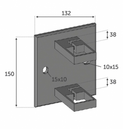 Platine carrée pour fixation à l'anglaise de tube carré largeur 40mm, en inox 316. Largeur 150mm Longueur 132 épaisseur 10mm. Doit être fixée au mur par vis, grâce à deux trous pré percés de dimension 15x10mm, le tube rond sera maintenu par cerclage vissé. Convient pour un usage en intérieur et extérieur, y compris en bord de mer.