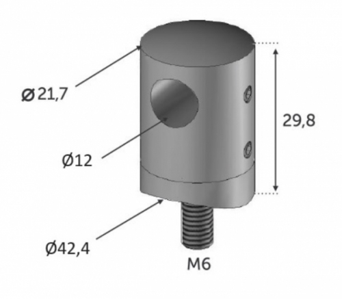 Connecteur avec un perçage d'un diamètre de 12mm. Fixation sur un tube d'un diamètre de 42.4mm. En inox 316.