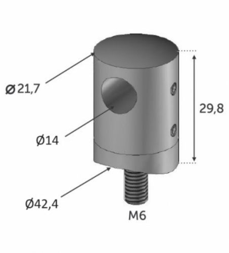 Connecteur avec un perçage d'un diamètre de 14mm. Fixation sur un tube d'un diamètre de 42.4mm. En inox 316.