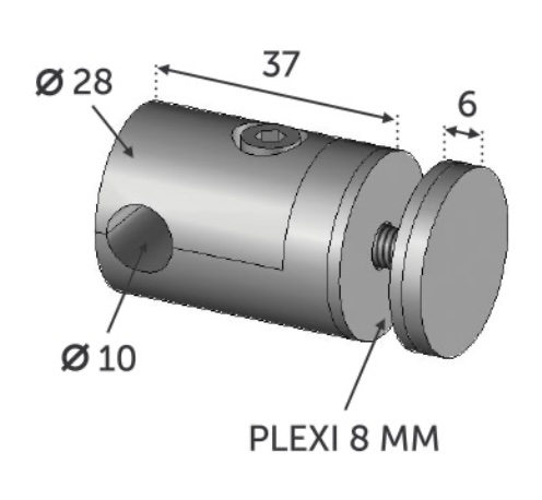 Connecteur en inox 316 en applique pour Plexiglass d'une épaisseur de 8mm maximum. Il se raccorde à une barre ronde en inox d'un diamètre de 10mm. Il est en acier inoxydable brossé en grain 320. Conçu pour glisser et être fixé sur un câble en inox <b>APRES</b> la réalisation du garde-corps et recevoir une plaque de Plexiglass d'une épaisseur de 8mm maximum.
