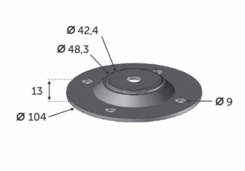 Support de type platine, connexion pour tube rond. Largeur 104mm Hauteur 13mm convient pour un tube de diamètre extérieur de 42,4mm ou 48,3mm à l'aide de 2 rainures différentes (le tube rentre à l'intérieur de la platine). À visser grâce à 4 trous de diamètre 9mm. En inox 304. L'inox est peu sensible à la corrosion. Pour une finition esthétique, à compléter avec le cache 30511.