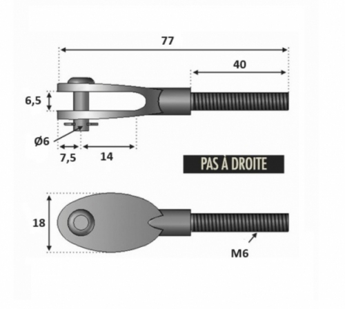 Chape design filetée M6 avec son <b>Pas À Droite</b>. Longueur totale 77mm, longueur du filetage 40mm, diamètre de la goupille Ø6mm, largeur 18mm. En inox 316, convient pour une utilisation en intérieur ou en extérieur. Pièce pour montage sans poteau à l'aide d'une platine ronde avec anneau et d'un tendeur de câble, droit ou rampant. Existe en filetage M8, référence 306253 et en pas à gauche, référence 306252.