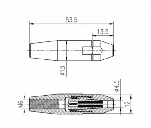 Tendeur manuel permettant la fixation et la tension du câble sur un garde-corps, convient pour câble de diamètre Ø4mm qui s'installe dans un trou Ø4,5mm (C), s'utilise avec une tige fileté M6 (A). Longueur 53,5mm, diamètre globale 13mm. En inox 316, permettant une utilisation en intérieur comme en extérieur, y compris en bord de mer. Le câble sera fixé par un blocage manuel. Existe en version pas à droite (30661).