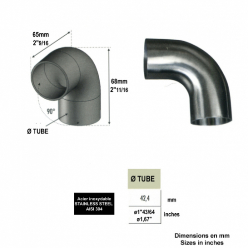 Connecteur de 90 degrés pour une main courante en bois de 42mm de diamètre. Pour fixer la main courante à ce connecteur il faut au préalable fixer en bouts des mains courantes les deux pièces d'adaptation (référence : 30770) non fournies et centrées par une vis à bois.