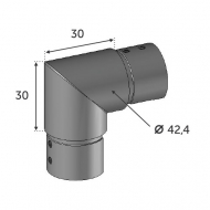 Connecteur d'angle à 90 degrés pour un tube de main courante pour verre d'un diamètre de 42.4mm. Longueur visible 30mm (sans manchon) Hauteur visible 30mm (sans manchon) épaisseur 2mm. En inox 304, convient pour une utilisation en intérieur. A utiliser pour les mains courante de garde-corps verre référence 30840.