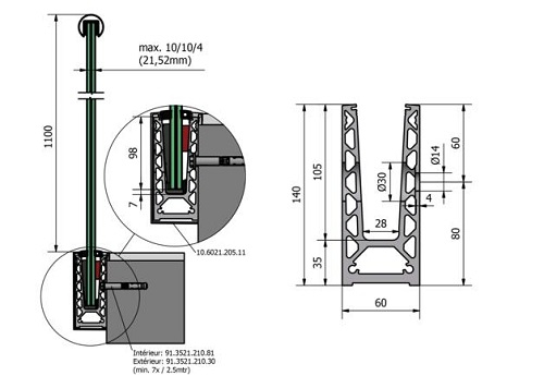 Profil aluminium anodisé fixation à l'anglaise  Long 2500 mm - Pour Verre de 12,76 mm a 21,52 mm  . Ce profil aluminium, avec finition satinée est destiné à être fixé latéralement à une poutre en béton ou en acier : Il est percé de 13 trous espacés de 200mm pour une fixation au travers du profil dans le sol, au choix. Utilisable à l'intérieur comme à l’extérieur, il résiste aux charges linéaires d’1 kN . Pour parfaire le montage, utiliser un kit d'assemblage permettant la pose en fonction de l'épaisseur du verre : ref 308530pour verres épaisseur 12,76mm (66.2) ref 308531 pour verres épaisseur 16,76mm (88.2) ref 308532 pour verres épaisseur 17,52mm (88.4) ref 308533 pour verres épaisseur 20,76mm (1010.2) ref 308534 pour verres épaisseur 21,52mm (1010.4) . Vidéo de montage sur demande 