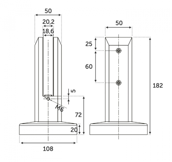 Pince à verre fixation sol en inox 316 pour verre 16,76 mm  . Hauteur 182 mm . largeur 108 mm 