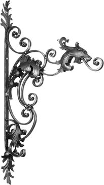 Porte enseigne composé de volutes style floral. Hauteur total de 910mm et longueur de 520mm. En fer rond de diamètre 14mm.