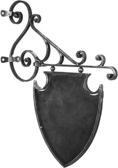 Porte enseigne composé de volutes. Hauteur totale de 610mm et longueur de 500mm. le panneau seul mesure 340 mm de hauteur x largeur 310 mm   En Fer Forgé. état brut prèt à peindre