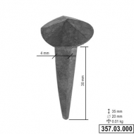 Clou à tête ronde de 20mm de diamètre.Longueur de 35mm et pointe de 4mm. En fer forgé. Pour décoration de portes  et coffres en bois.. vendu à l'unité