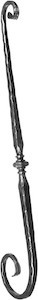 Barreau galbé de 760mm de haut par 170mm de profondeur. Fer forgé martelé en carré de 25mm. Noyaux à 360mm du point bas.
