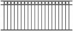 Panneau pour garde-corps avec une frise en kit de 2387mm de long et 1016mm de haut. Galvanisé et peint en noir. La frise est composée de cercles de 96mm de diamètre et 8mm d'épaisseur. Les barreaux sont des tubes 16x16x1,52mm. La main courante est un carré de 25x25x1,5mm.