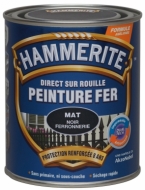 Peinture pour fer Noir mat 0L75. Peinture de finition mate dont la formule unique a été spécialement conçue pour la protection et la décoration du métal. Elle s'utilise sur tous les métaux ferreux et non ferreux extérieurs, et est idéale pour les grilles, mobiliers de jardin et autres surfaces métalliques. L'application est facile car elle se fait directement sur la rouille, sans sous-couche, et garantit une protection du métal jusqu'à 8 ans. De la marque Hammerite.