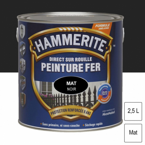 Peinture Hammerite Noir Mat 2,5 Litre -peinture de finition mate dont la formule unique a été spécialement conçue pour la protection et la décoration du métal. Elle s'utilise sur tous les métaux ferreux et non ferreux extérieurs, et est idéale pour les grilles, mobiliers de jardin et autres surfaces métalliques. L'application est facile car elle se fait directement sur la rouille, sans sous-couche, et garantit une protection du métal jusqu'à 8 ans.