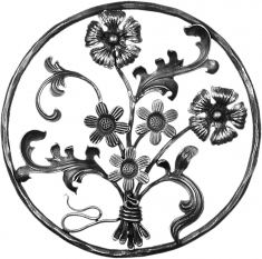 Panneau floral avec un bouquet de fleurs, feuilles et volutes d'un diamètre de 450mm. En fer forgé.