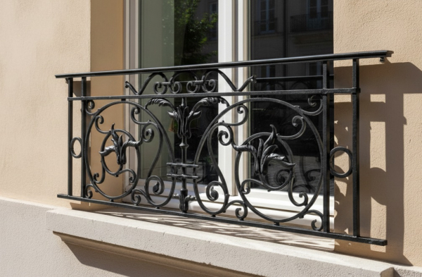 Garde corps pour fenêtre en Fonte : 1450mm de long et 480mm de haut. La partie décor mesure 1210mm de long, il y a donc 120mm de sur-longueur en plus pour le scellement de chaque côté. Convient pour des tableaux de fenêtre entre 1330 et 1390mm de large. Structure en carré plein de 14mm de section. Modèle d'époque au style Haussmannien que l'on retrouve surtout à Paris. Ce garde-corps en fer forgé est livré dans un état brut de démoulage sans peinture et pouvant présenter de la rouille. Pour une demande sur mesure n'hésitez pas à nous contacter par mail : pergola62@free.fr.