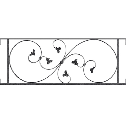 Appui de fenêtre type AF001 à visser dans votre tableau de fenêtre. Longueur finie de 1010mm et Hauteur finie de 372mm. Convient pour les tableaux de fenêtre de 1010mm. Main courante laminée de 1010mm de long en fer forgé sur le dessus. Motif au centre de 870mm de long par 350mm de haut. Le reste de la structure est en acier carré plein de 14mm de section.