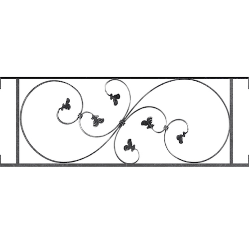 Appui de fenêtre type AF001 à visser dans votre tableau de fenêtre. Longueur finie de 1030mm et Hauteur finie de 372mm. Convient pour les tableaux de fenêtre de 1030mm. Main courante laminée de 1030mm de long en fer forgé sur le dessus. Motif au centre de 870mm de long par 350mm de haut. Le reste de la structure est en acier carré plein de 14mm de section.