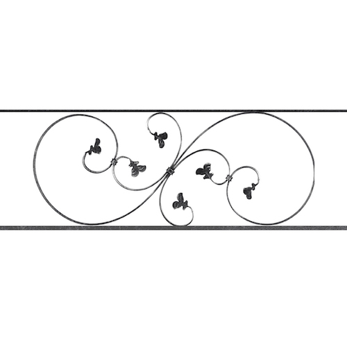 Appui de fenêtre type AF001 à sceller dans votre tableau de fenêtre. Longueur finie de 1070mm et Hauteur finie de 372mm. Convient pour les tableaux de fenêtre de 970mm. 50mm de scellement sont prévue de chaque côté. Main courante laminée de 970mm de long en fer forgé sur le dessus. Motif au centre de 870mm de long par 350mm de haut. Le reste de la structure est en acier carré plein de 14mm de section.